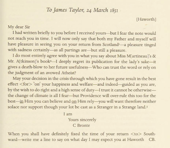 Charlotte Bronte to James Taylor, 24th March 1851